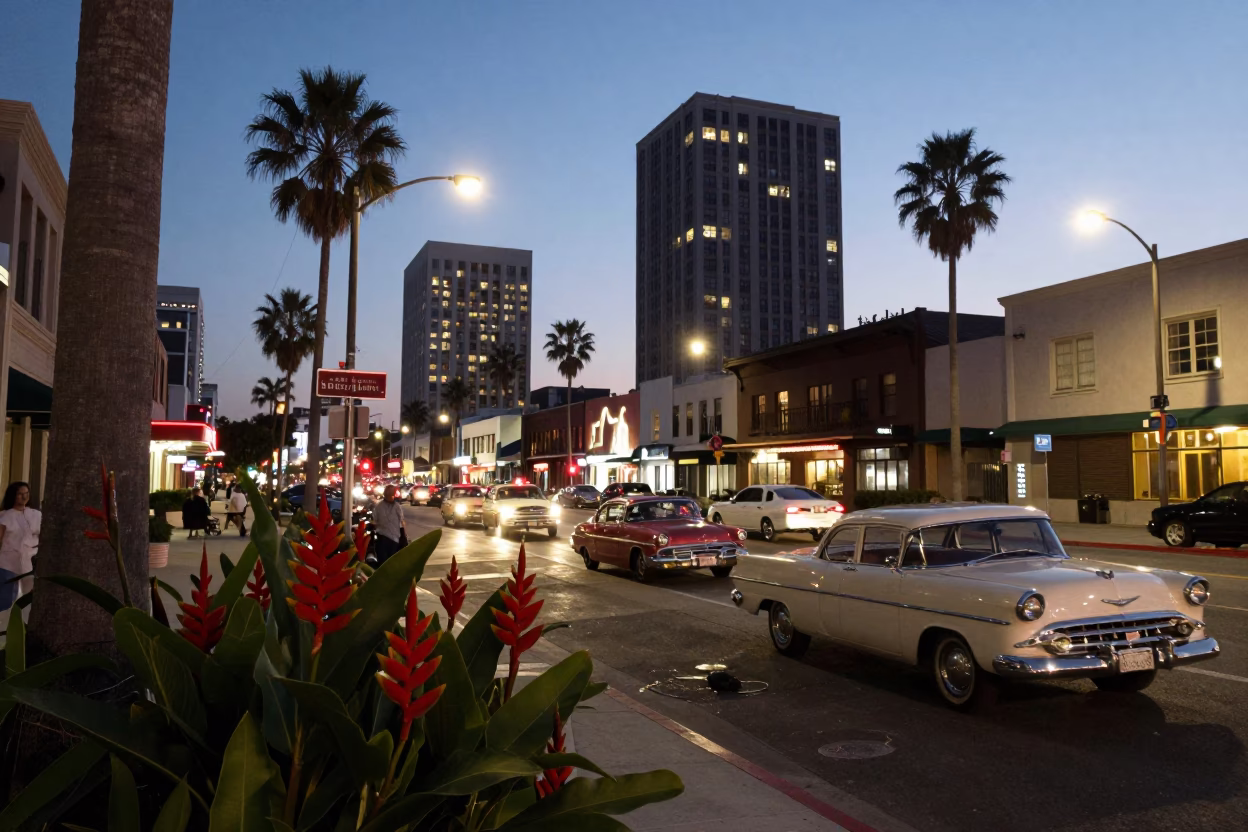 1950s Los Angeles Evening Street Scene with Heliconia Flowers and City Lights in in Los Angeles, California, United States