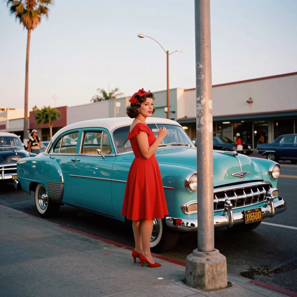 1950s Los Angeles Street Scene Colorful Fashion and Vintage Automotive Details in in Los Angeles, California, United States