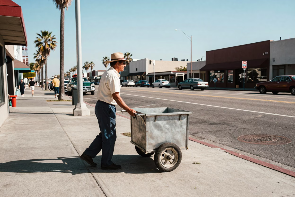 1950s Los Angeles Street Scene with Caster Wheel Cart and Chili Peppers in in Los Angeles, California, United States