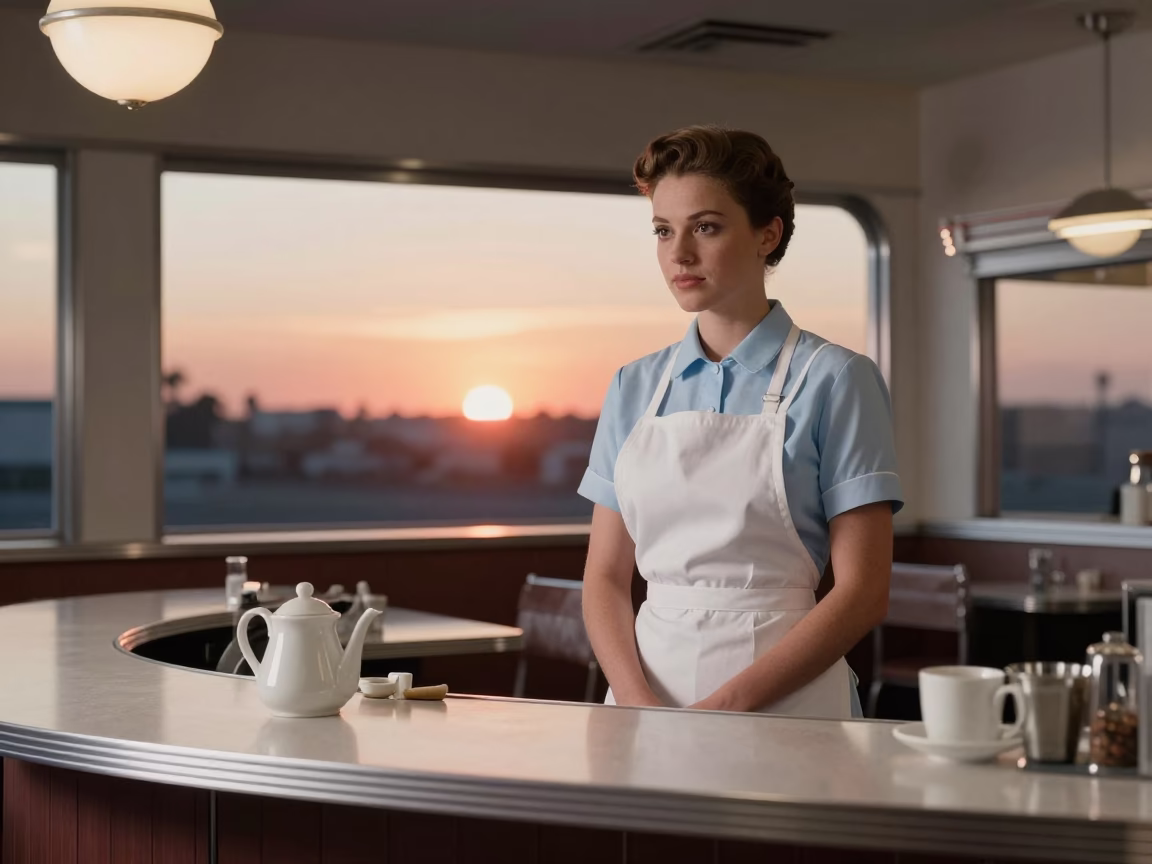 1950s Los Angeles Sunset Diner Interior with Apron and Porcelain Plate in in Los Angeles, California, United States