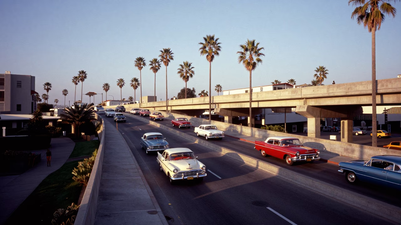 1950s Los Angeles Sunset Overpass Ramp and Classic Cars in in Los Angeles, California, United States