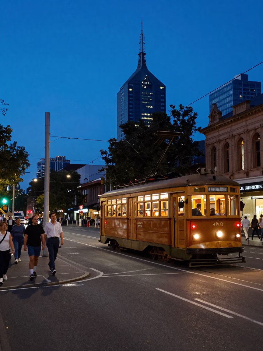 1950s Melbourne Evening Street Scene with Tram and Pedestrians in Blue Light in in Melbourne, Victoria, Australia