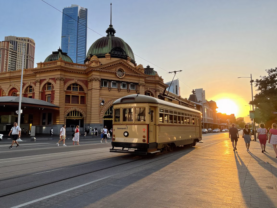 1950s Melbourne Sunset Street Scene with Vintage Tram and Pedestrians in in Melbourne, Victoria, Australia