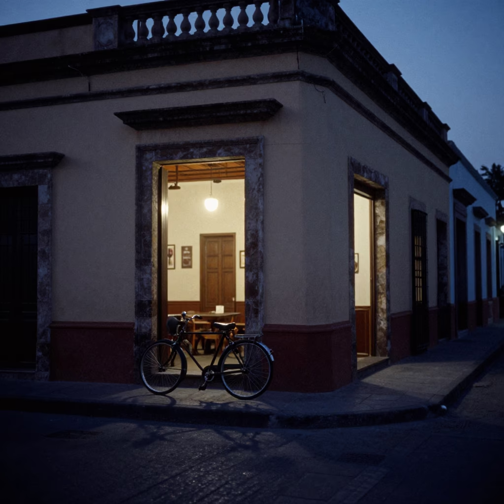 1950s Merida Mexico Predawn Street Scene with Bicycle and Cafe Exterior in in Merida, Mexico