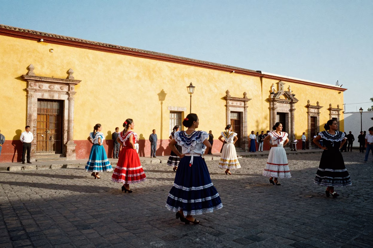 1950s Merida Mexico Street Scene with Traditional Folk Dance Performance in Plaza in in Merida, Mexico