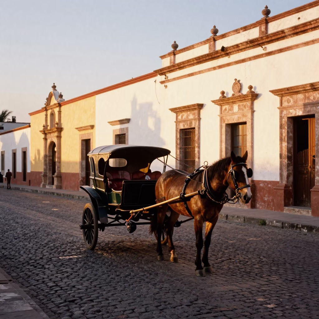 1950s Merida Mexico Sunset Street Scene Horse Drawn Cart Cobblestone Plaza in in Merida, Mexico
