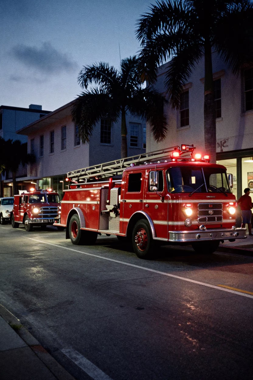 1950s Miami Florida street scene predawn with fire engine and banana plantation in in Miami, Florida, United States