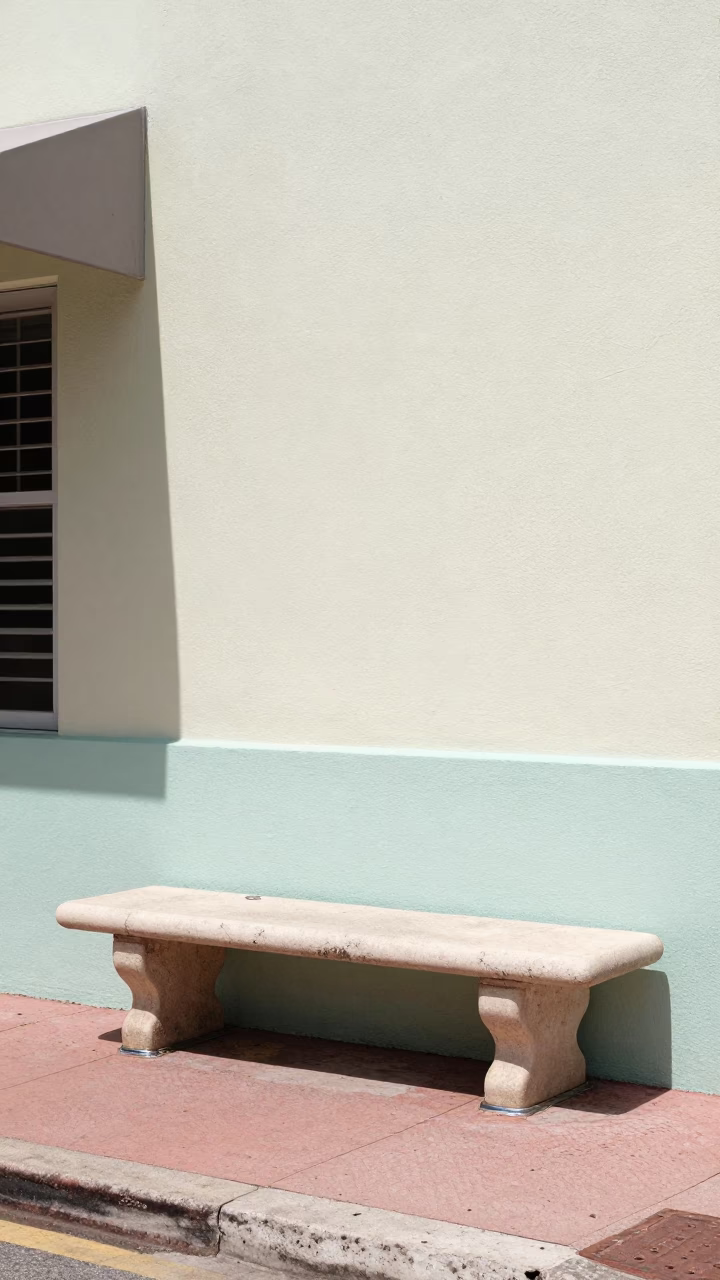 1950s Miami Florida street scene with stone bench and enamel pitcher under noon glare in in Miami, Florida, United States