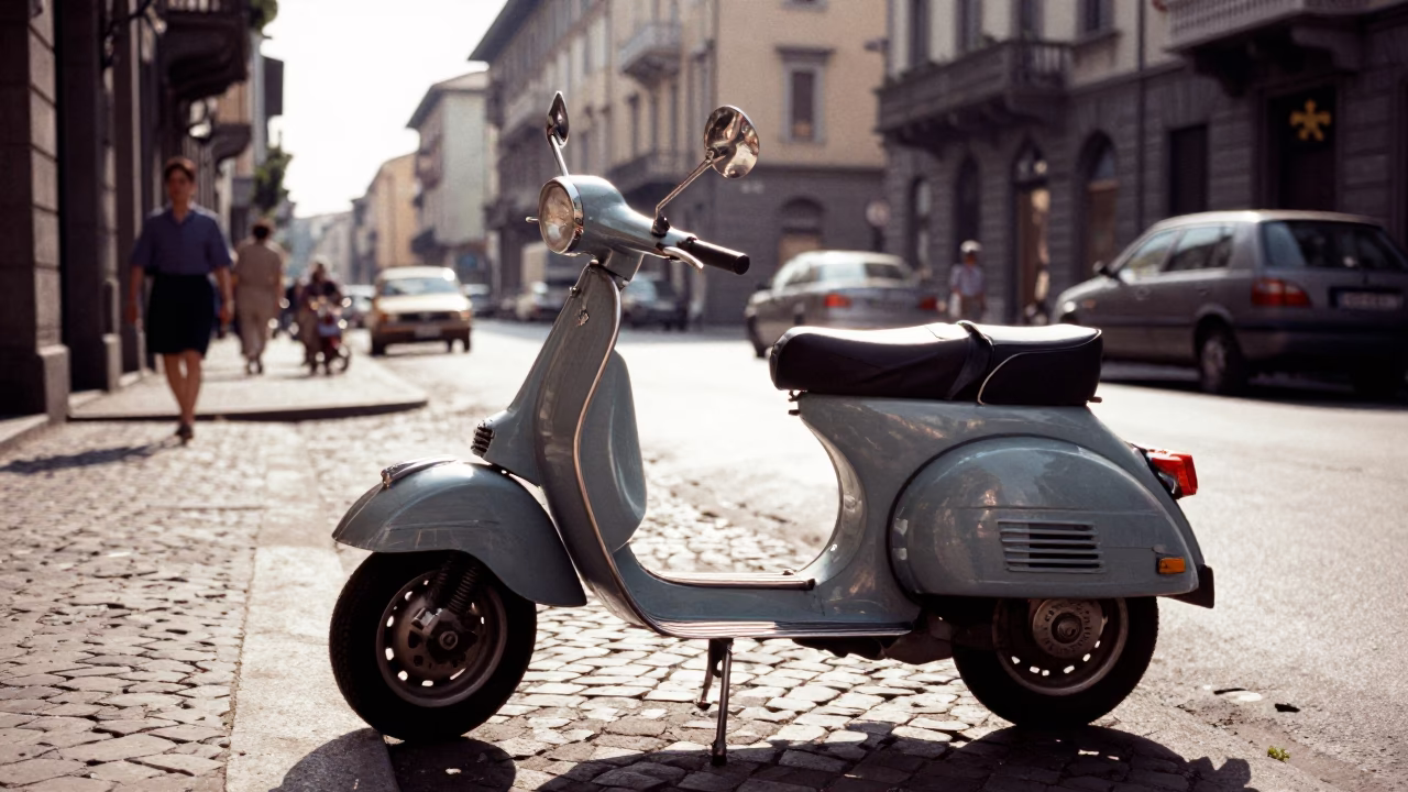 1950s Milan Italy early afternoon street scene with vintage Vespa and pedestrians near Duomo in in Milan, Italy