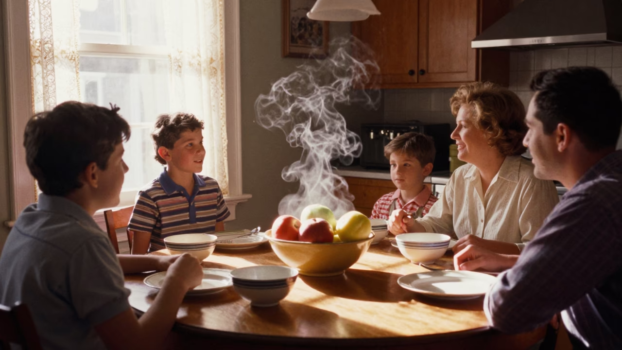 1950s Montreal Family Gathering with Fruit Bowl and Steam Haze in in Montreal, Quebec, Canada