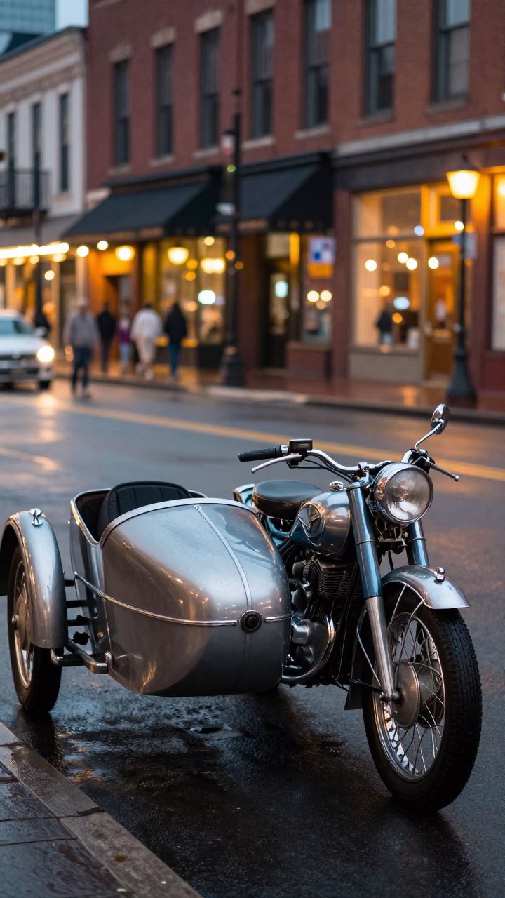 1950s Nashville Tennessee Street Scene with Vintage Motorcycle and Sidecar at Dusk in in Nashville, Tennessee, United States