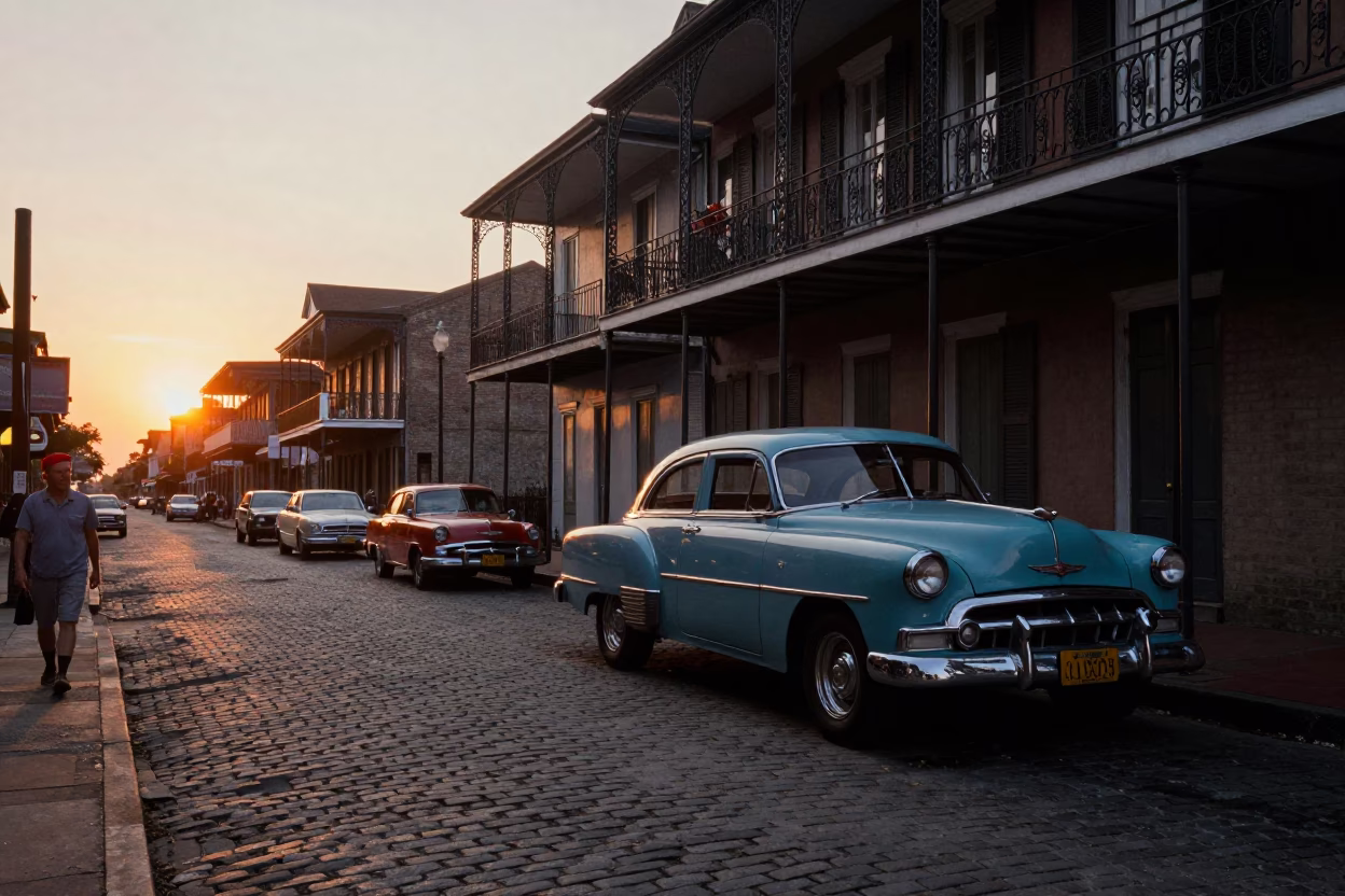 1950s New Orleans Street Scene at Sunset with Vintage Automobile and Iron Balcony in in New Orleans, Louisiana, United States