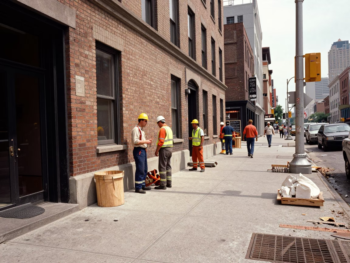 1950s New York Street Scene with Construction Workers and Work Gloves in in New York, New York, United States