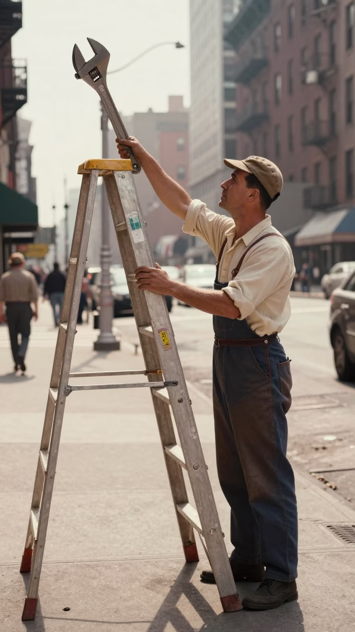 1950s New York Street Scene with Step Ladder and Adjustable Spanner in in New York, New York, United States