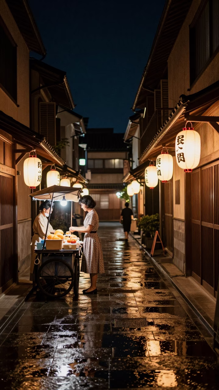 1950s Osaka Night Street Scene with Shallow Reflections on Brushed Steel and Local Life in in Osaka, Japan