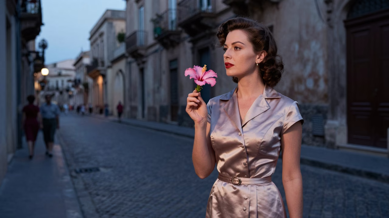 1950s Palermo Evening Street Scene with Hibiscus Flower Detail in in Palermo, Italy
