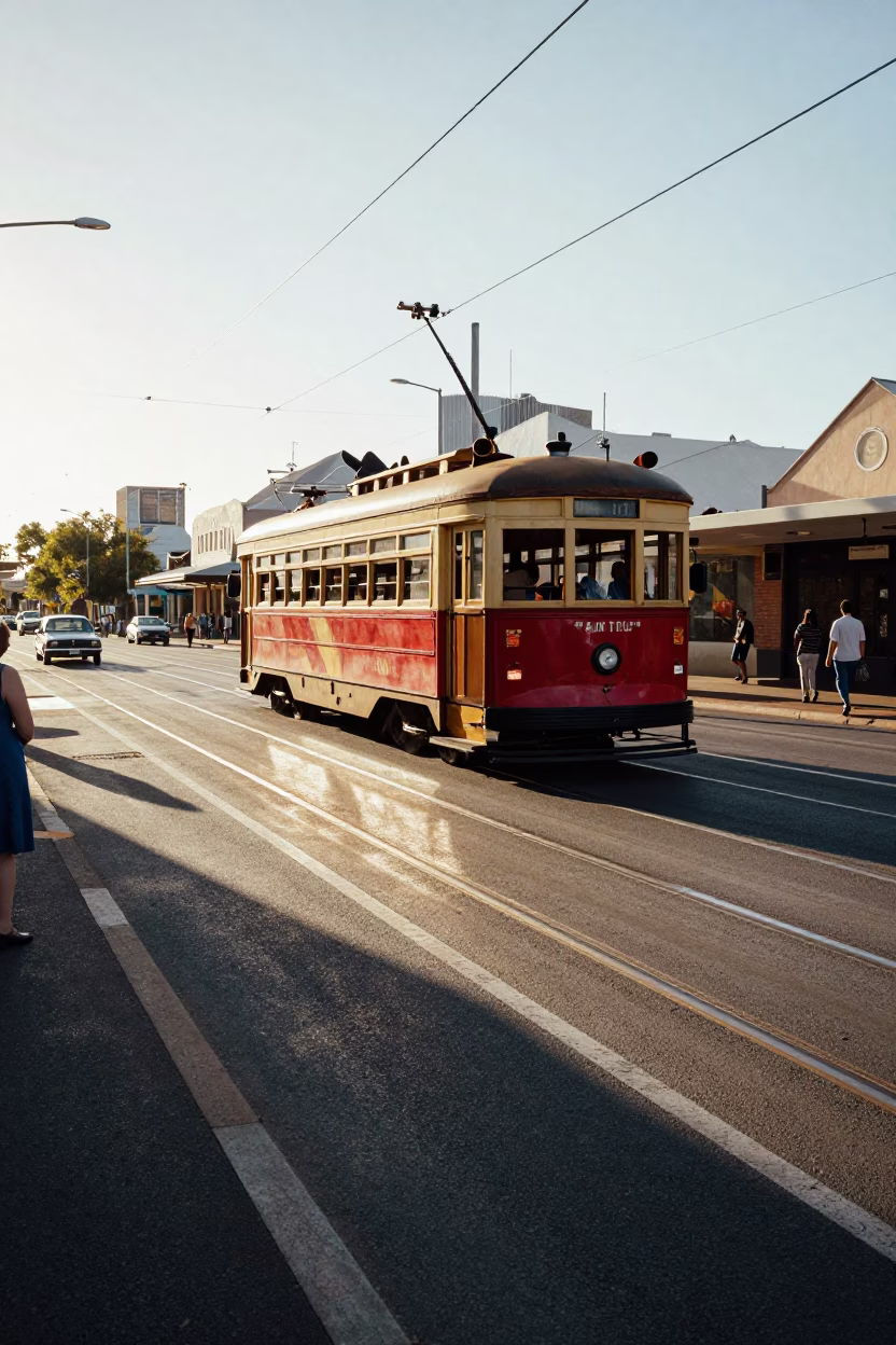 1950s Perth Street Scene with Sun Stripe Across Rail and Vintage Tram in in Perth, Western Australia, Australia