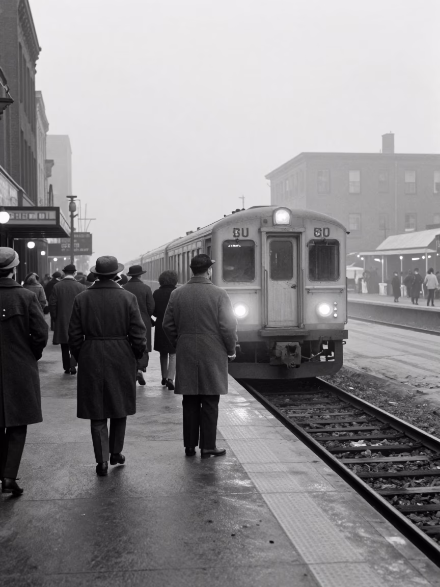 1950s Philadelphia Street Scene Early Morning Commuter Train Platform with Rust and Vintage Details in in Philadelphia, Pennsylvania, United States