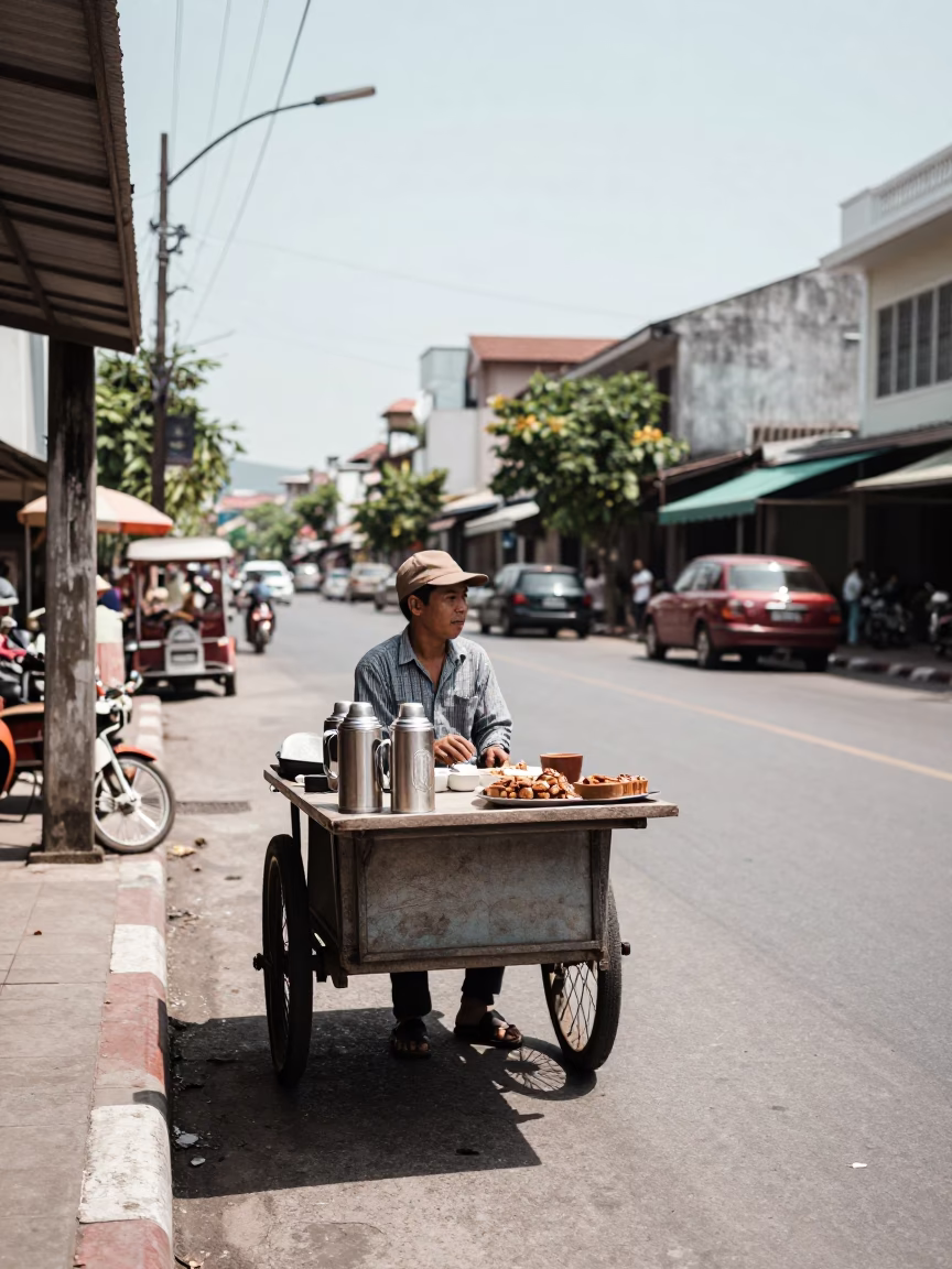 1950s Phuket Thailand Midday Street Scene with Thermos and Local Market Activity in in Phuket, Thailand