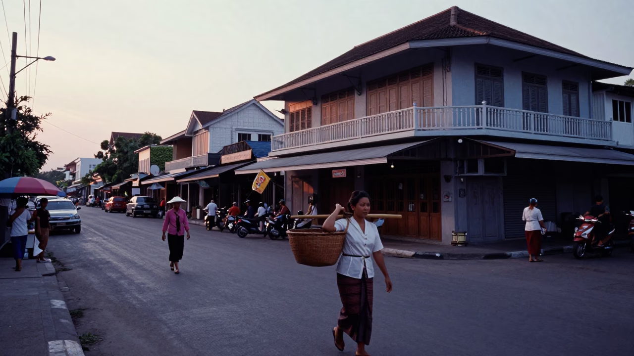 1950s Phuket Thailand street scene before sunrise with locals and vintage details in in Phuket, Thailand