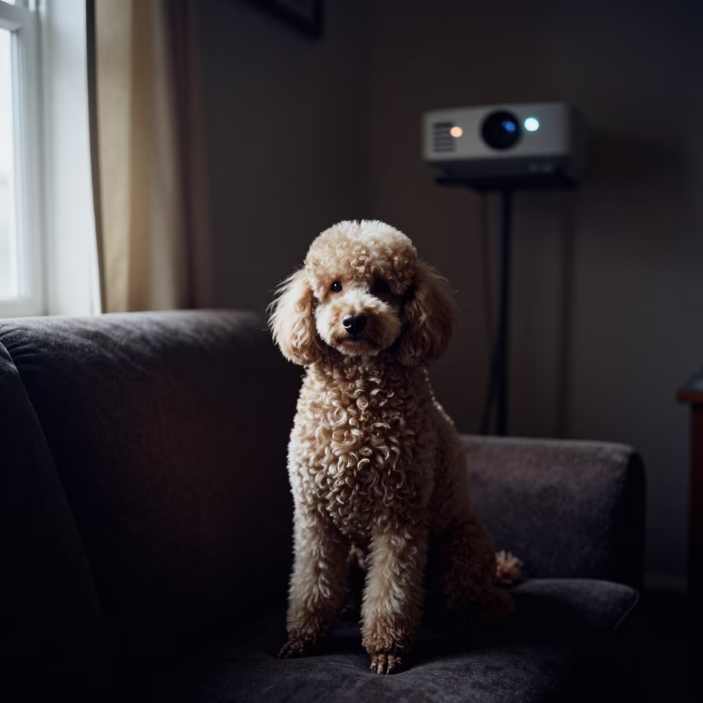 1950s Poodle Portrait in Lubumbashi Night Light in on a sofa near a curtained window with calm indoor light in Lubumbashi