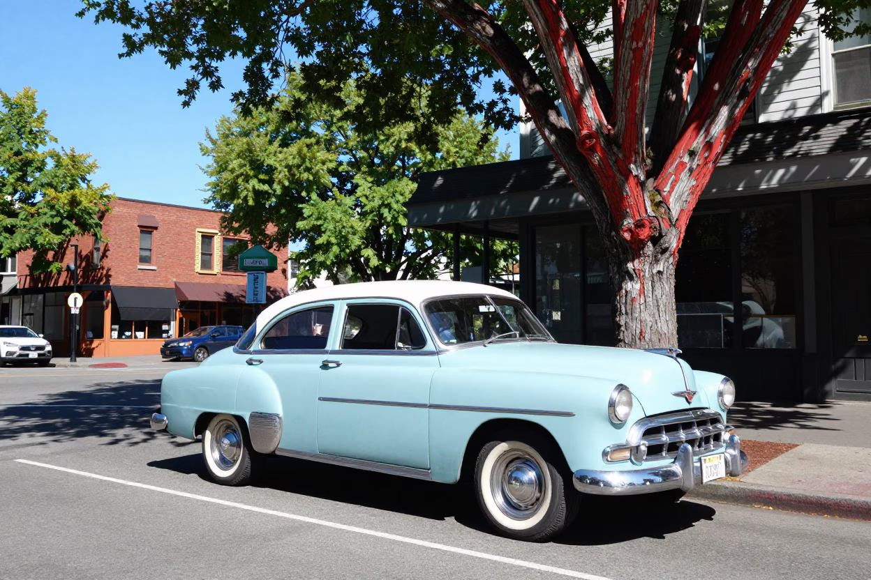 1950s Portland Oregon Street Scene with Vintage Car and Madrone Tree Under Noon Sun in in Portland, Oregon, United States