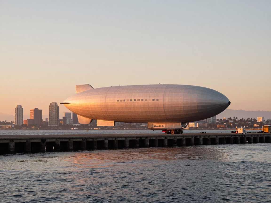 1950s San Diego Harbor Dawn Zeppelin Over Breakwater and Vintage Car in in San Diego, California, United States