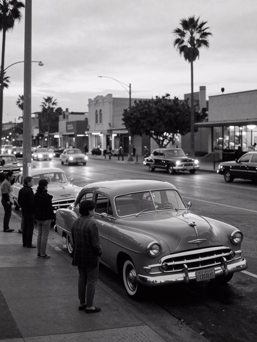 1950s San Diego Street Scene with Vintage Cars and Pedestrians in Predawn Light in in San Diego, California, United States