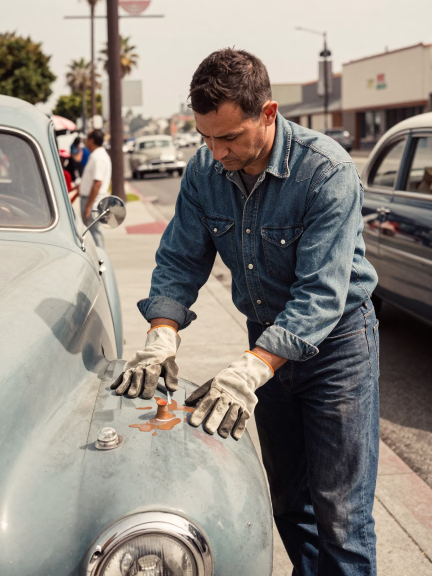1950s San Diego Street Scene with Work Gloves and Paint Flecks on Vintage Car in in San Diego, California, United States