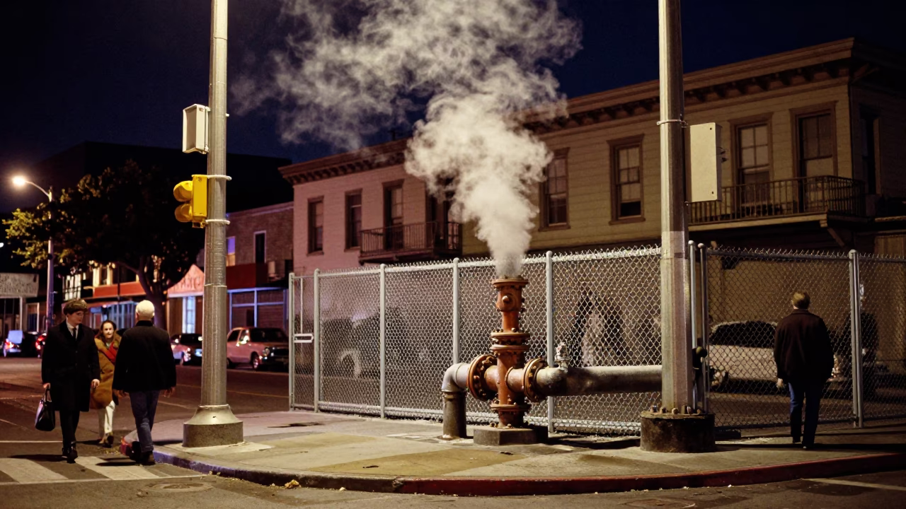 1950s San Francisco Night Street Scene with Steaming District Heating Pipe and Glass Rail in in San Francisco, California, United States