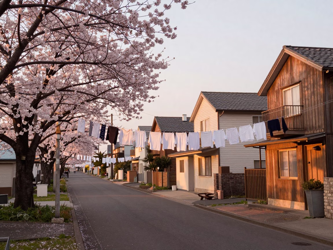 1950s Sapporo Street Scene with Cherry Blossoms and Suburban Laundry in in Sapporo, Japan