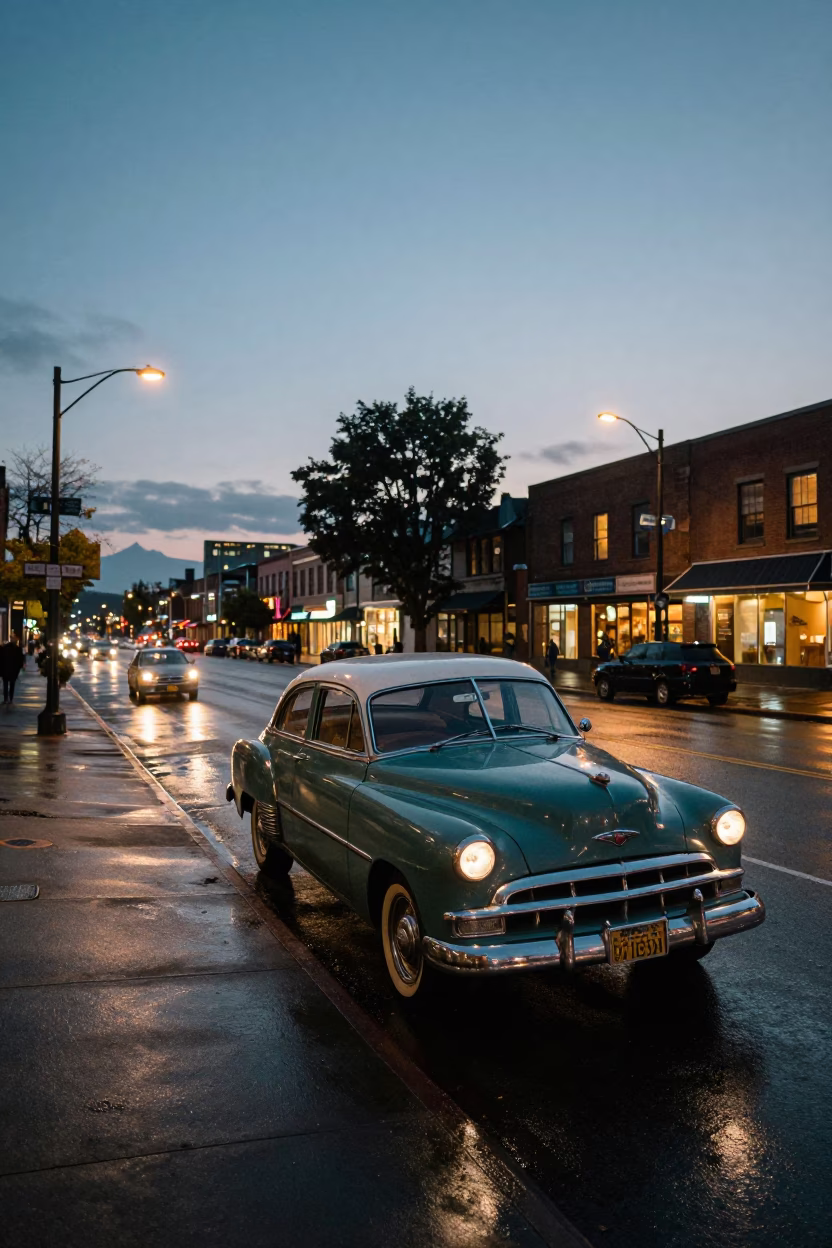 1950s Seattle Evening Street Scene with Vintage Car and City Lights in in Seattle, Washington, United States