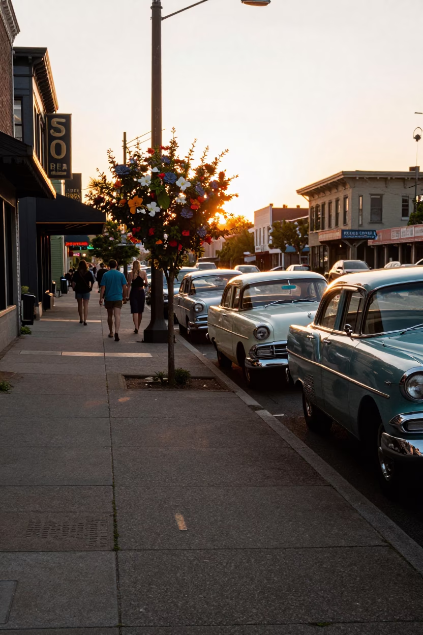1950s Seattle Sunset Street Scene with Flowering Plant and American Leopard Hound in in Seattle, Washington, United States