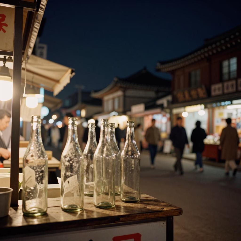1950s Seoul Night Street Scene with Vintage Glass Bottles and Ceramic Bowls in in Seoul, South Korea