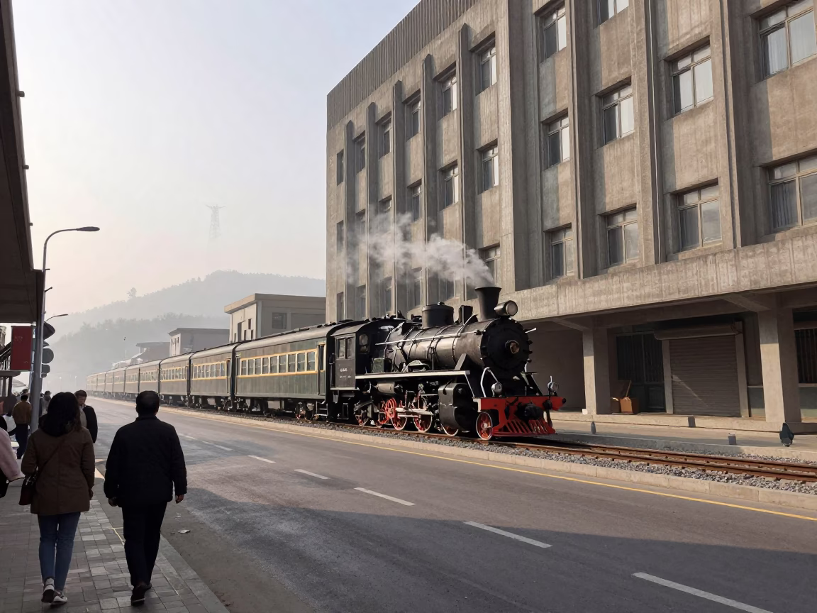 1950s Seoul Street Scene with Concrete Brutalist Building and Old Trolley in in Seoul, South Korea