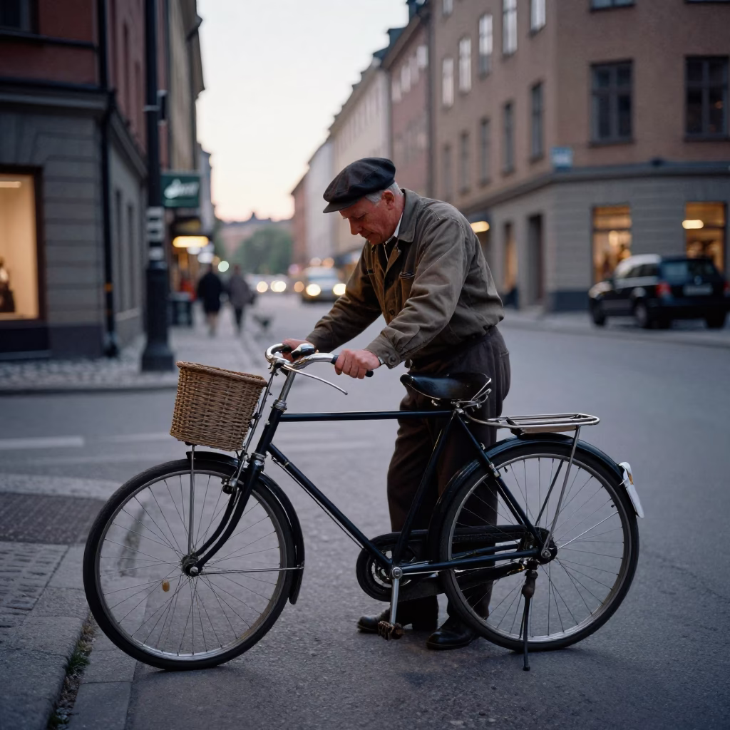 1950s Stockholm Evening Street Scene with Vintage Bicycle and Glass Carafe in in Stockholm, Sweden