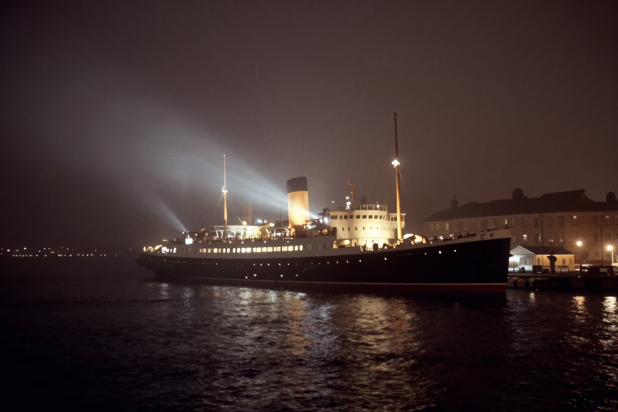 1950s Stockholm Night Steamship Foggy Scandinavian Port Ambiance in in Stockholm, Sweden