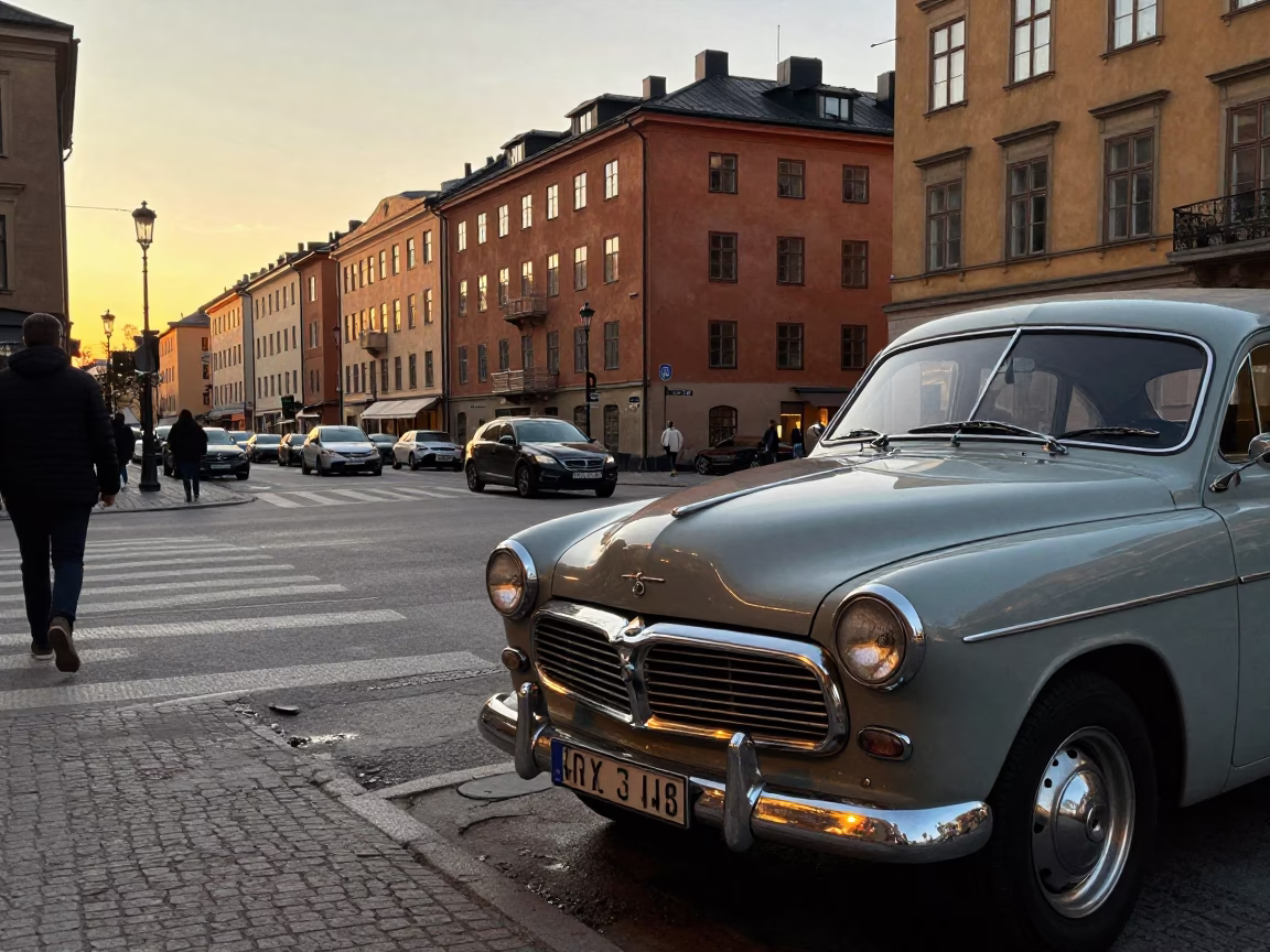 1950s Stockholm Sunset Street Scene with Vintage Car and Tomato Vendor in in Stockholm, Sweden
