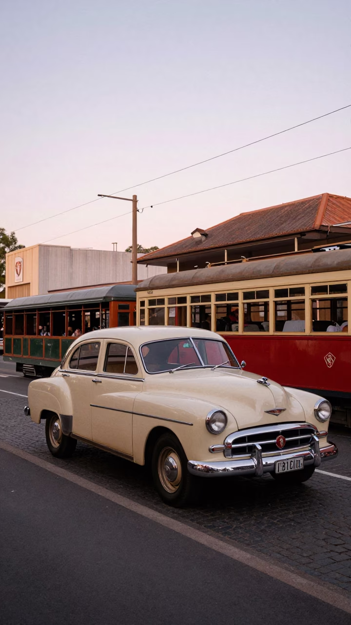 1950s Sydney Street Scene with Vintage Car and Tram at Early Evening in in Sydney, New South Wales, Australia