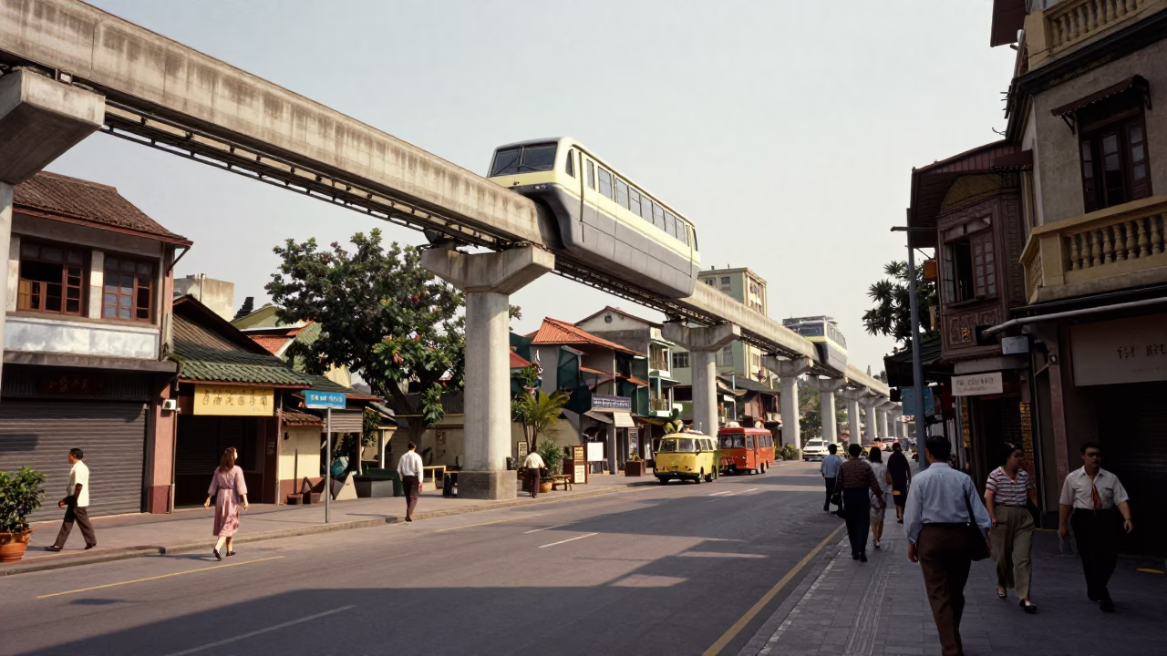 1950s Taipei Street Scene with Elevated Monorail and Traditional Tile Architecture in in Taipei, Taiwan