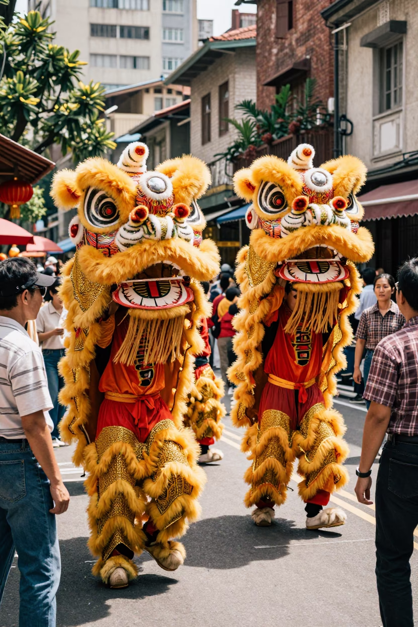 1950s Taipei Street Scene with Lion Dance Performers and Traditional Architecture in in Taipei, Taiwan