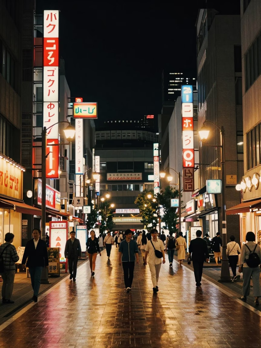 1950s Tokyo Night Street Scene with Neon Reflections and Local Dining in in Tokyo, Japan