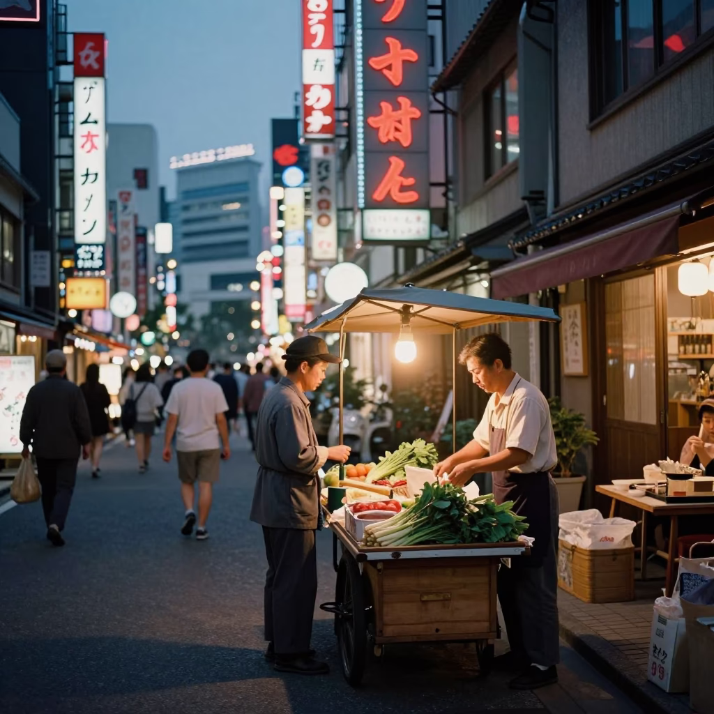 1950s Tokyo Street Scene with Neon Lights and Traditional Wicker Basket Shadow in in Tokyo, Japan
