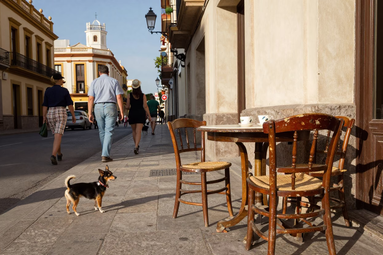 1950s Valencia Street Scene with American Eskimo Dog and Vintage Cafe Table in in Valencia, Spain
