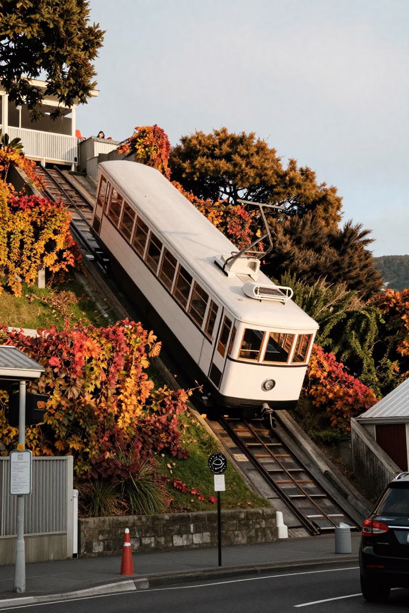 1950s Wellington Funicular Ascent with Autumn Vines and Street Life in in Wellington, New Zealand