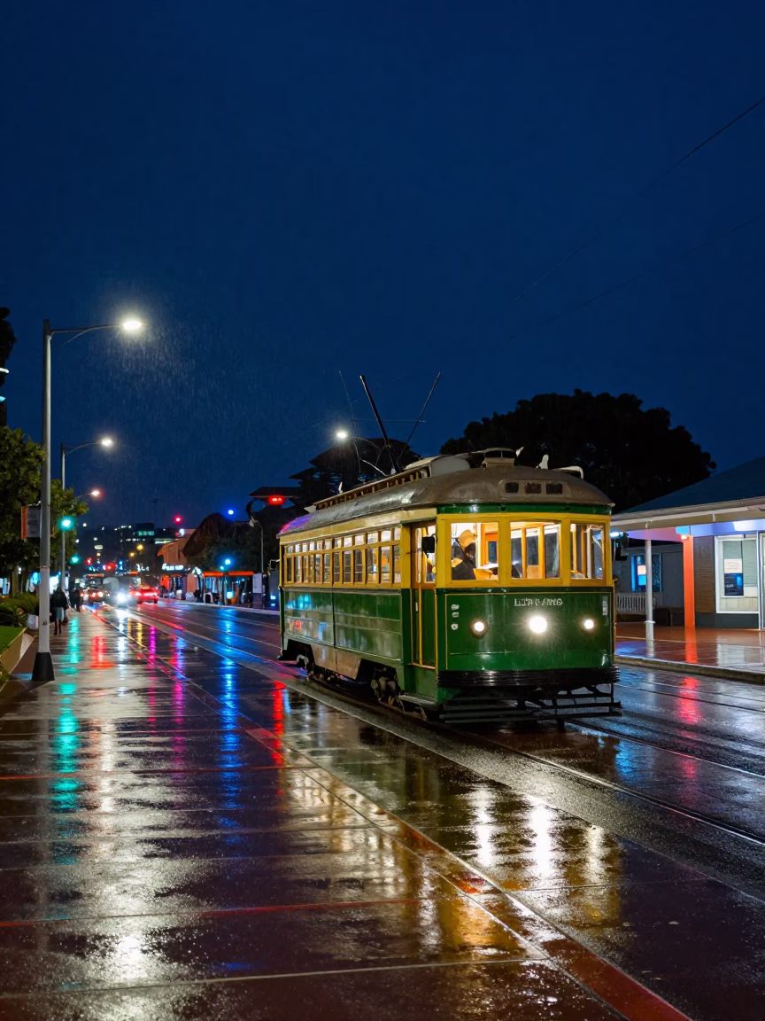 1960s Adelaide Night Sky Heritage Tram Rain-Swept Promenade Colorful Realistic Photograph in in Adelaide, South Australia, Australia