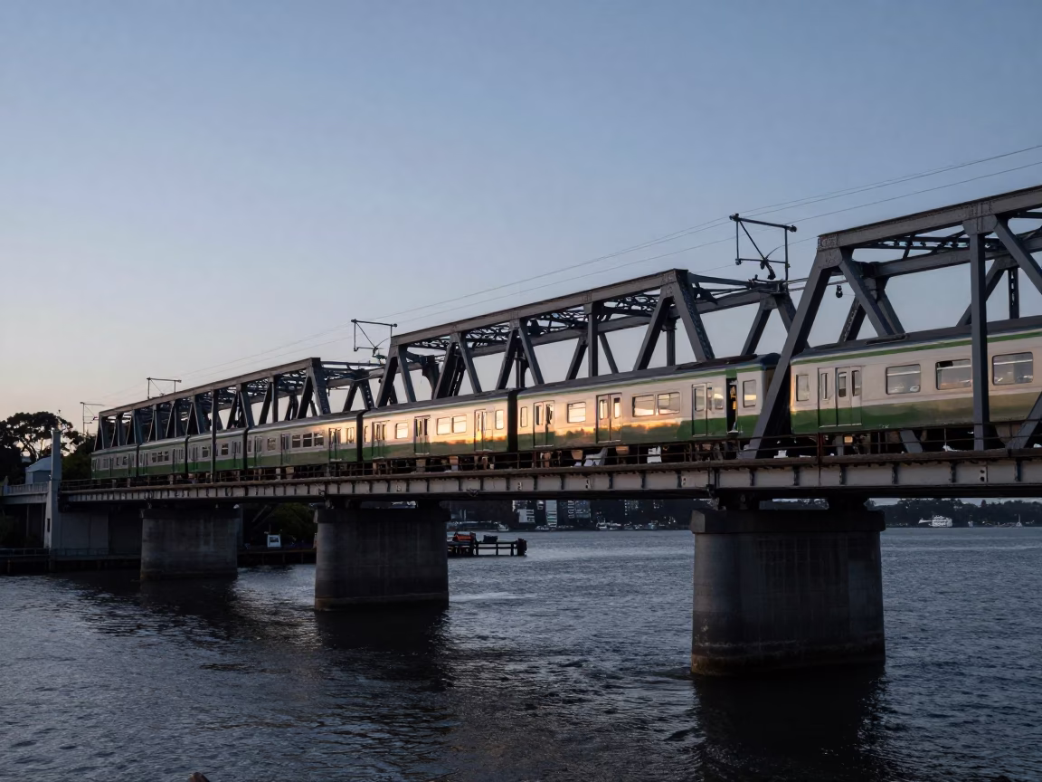 1960s Auckland Evening Commuter Train Crossing Bridge Over Waitemata Harbour in in Auckland, New Zealand