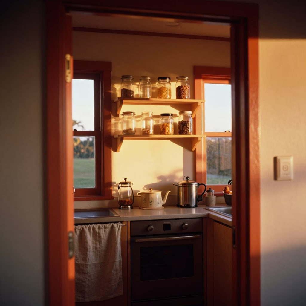 1960s Auckland Evening Light Rusty Doorframe Kitchen Shelves Linen Fringe Still Life in in Auckland, New Zealand