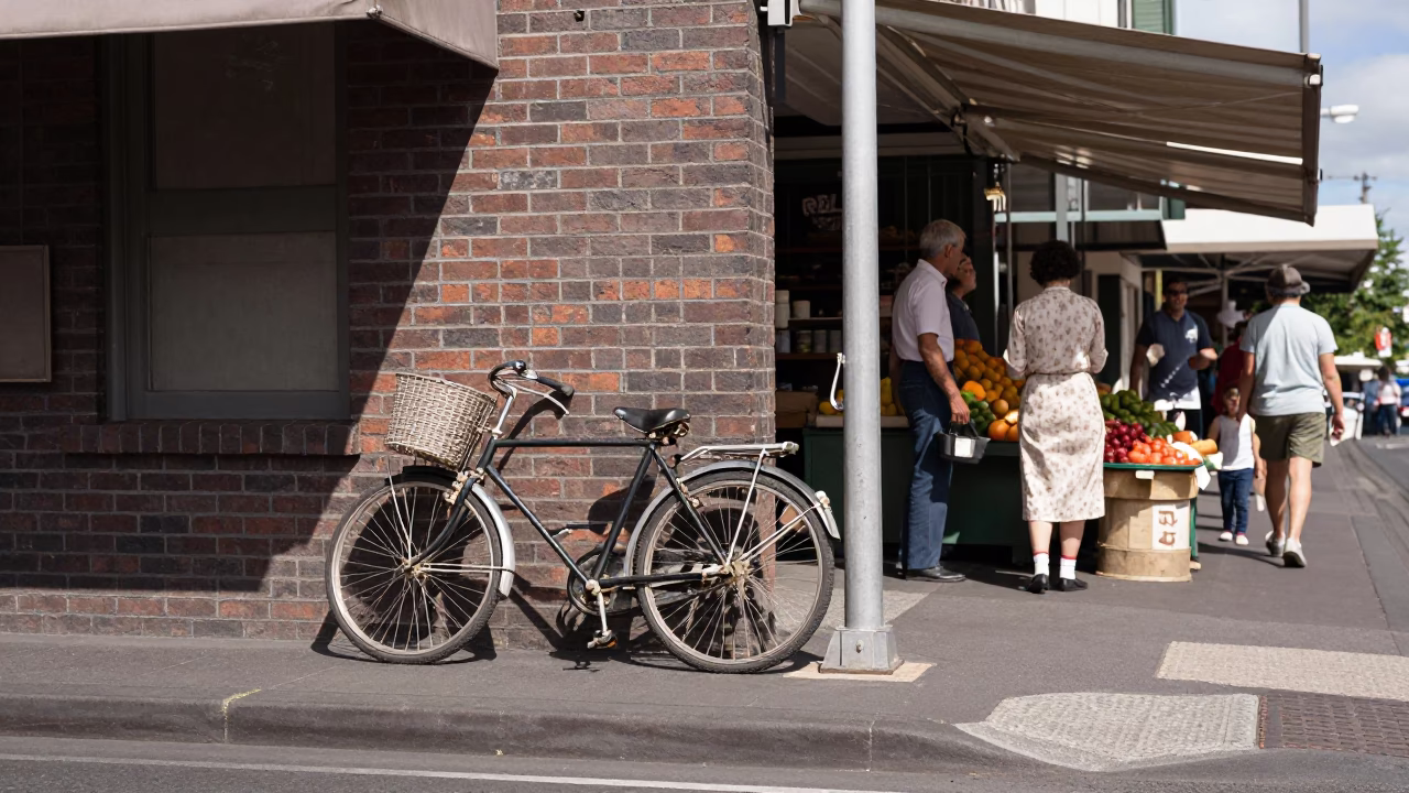 1960s Auckland Street Scene with Vintage Bicycle and Market Produce at Midday in in Auckland, New Zealand