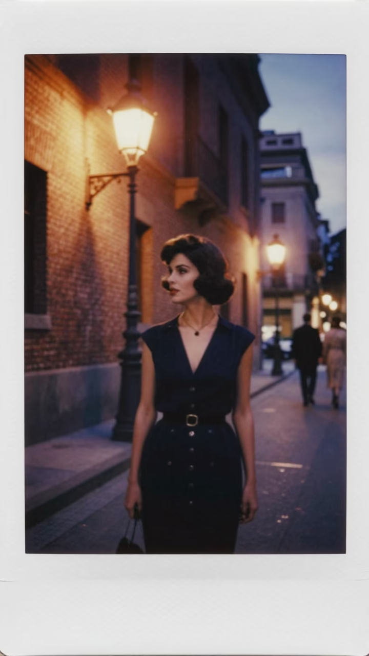 1960s Barcelona Street Style High Fashion Evening Portrait with Colorful Details in in Barcelona, Spain